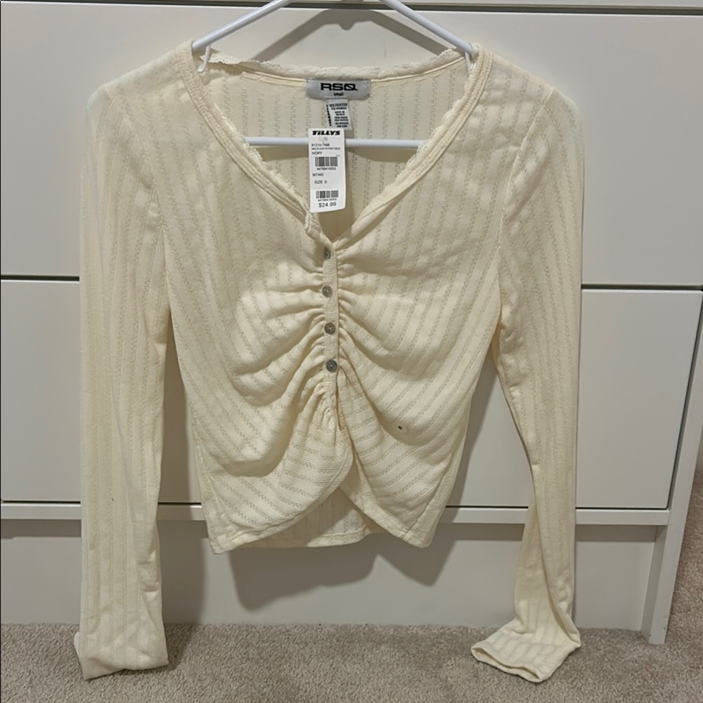 Cream Long Sleeve Ribbed Ruched Blouse